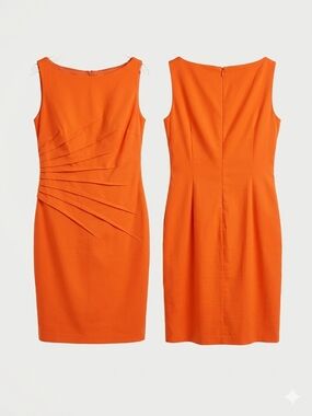 David Meister Orange Sleeveless Pleated Sheath Midi Dress